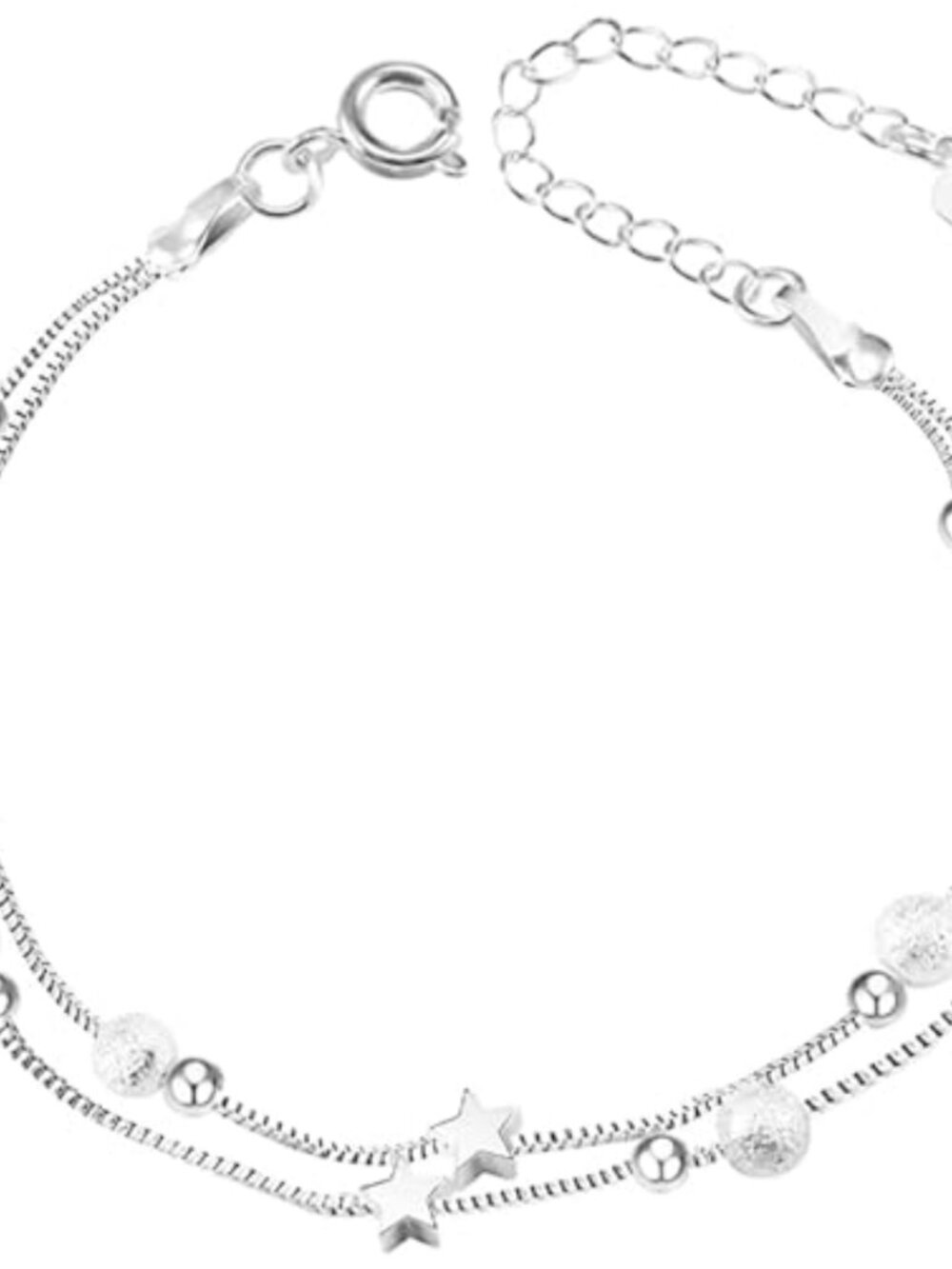 Sterling Silver Layered Charm Chain Bracelet Adjustable Star Bead Gift for Women